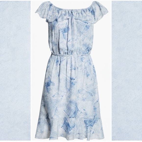 L'AGENCE Leonie Silk Off the Shoulder Denim Print Flounce Trim Mini Dress Small - Picture 6 of 13